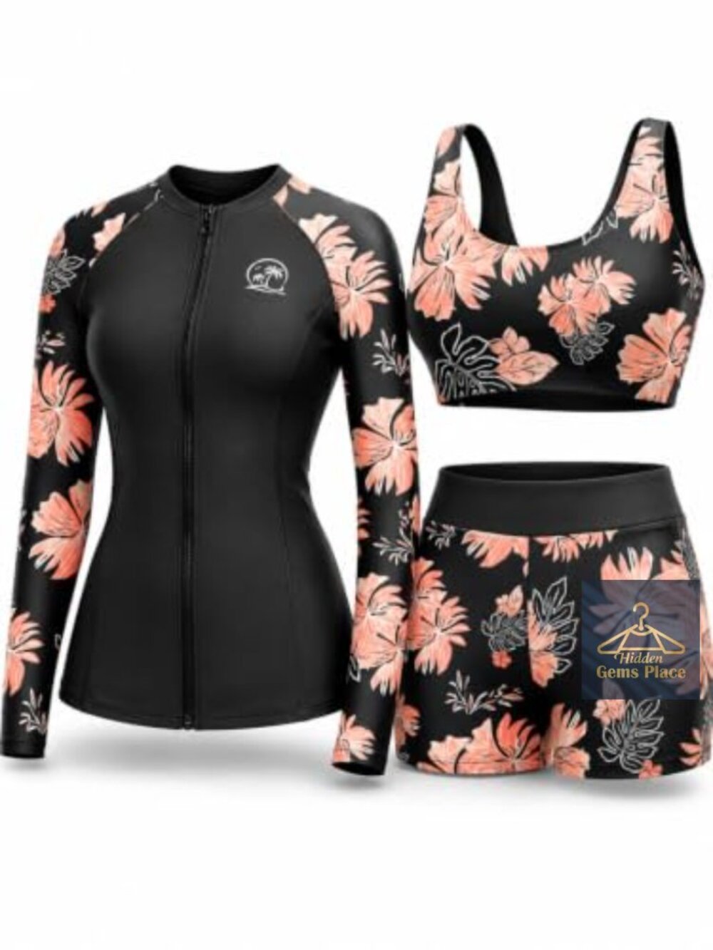 Women's 3 Piece Rash Guard Set UPF 50+ Zip Long Sleeve Swimsuit